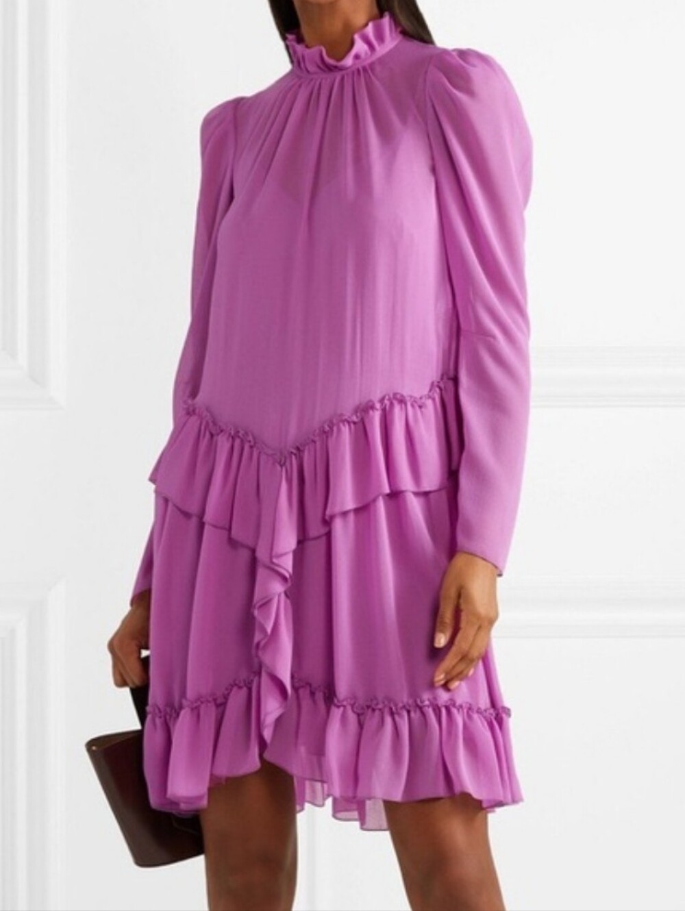 NWT See By Chloe Ruffled Georgette High Neck Dropped Waist Purple Mini Dress 36